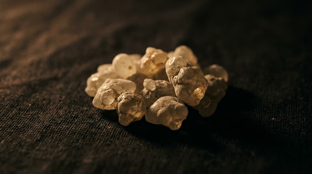 Frankincense resin tears on charcoal linen