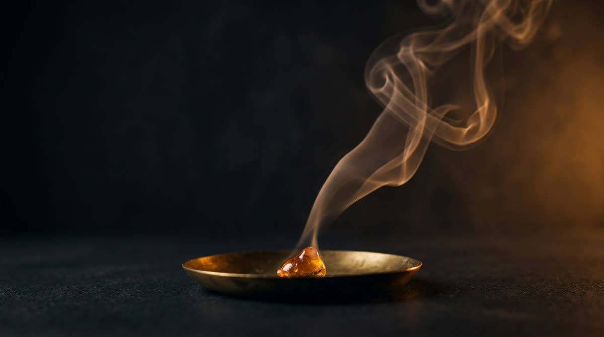 Frankincense smoke rising from a brass dish