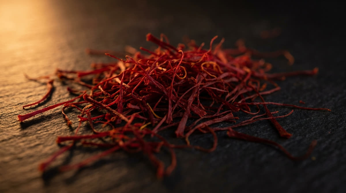 A loose pile of Super Negin saffron threads