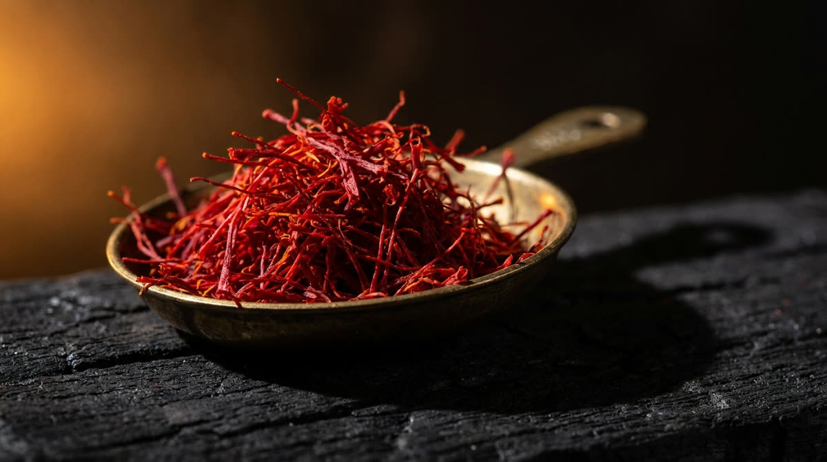 Saffron threads in an antique brass scale pan
