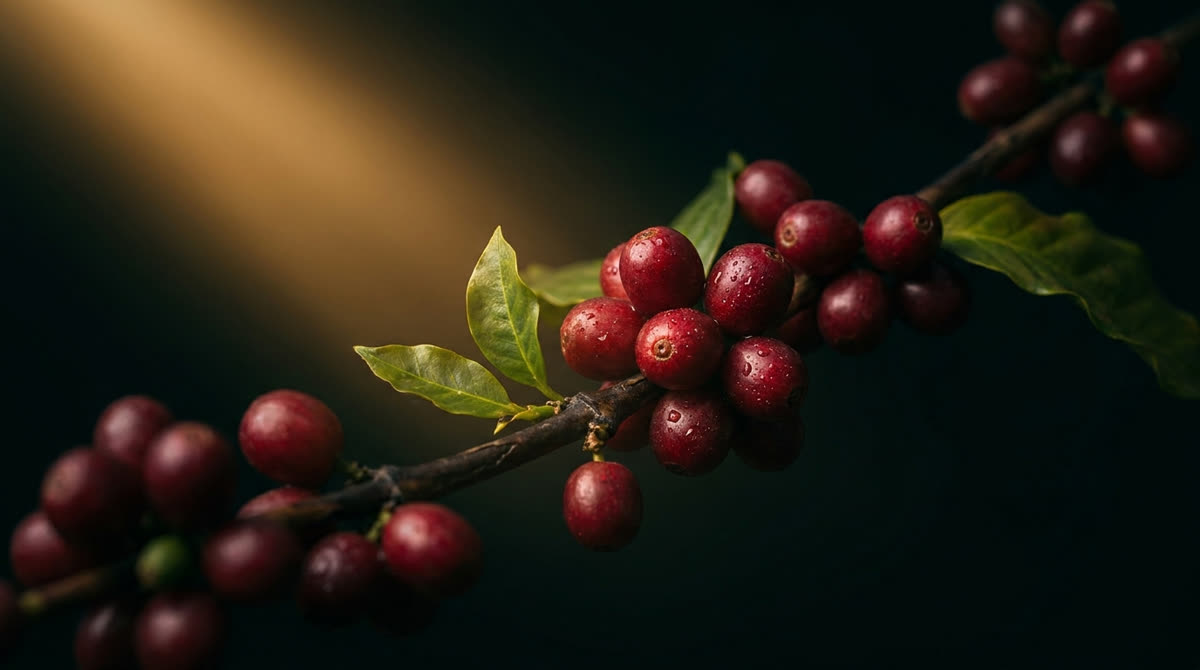 Ripe red coffee cherries on the branch
