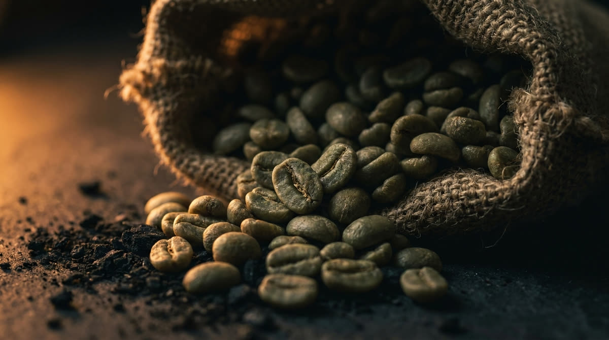 Green unroasted coffee beans spilling from burlap