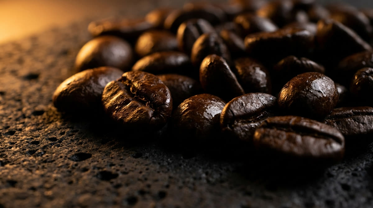 Glossy dark roasted coffee beans