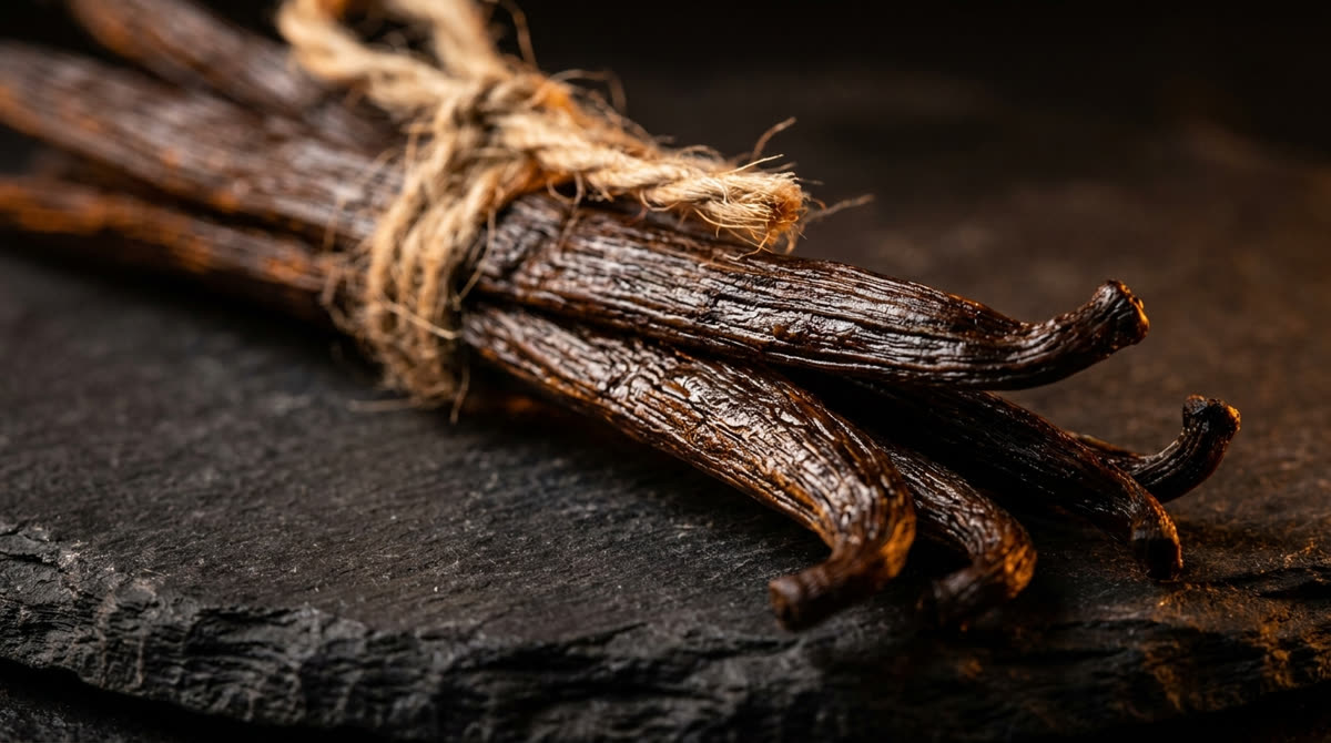 A bundle of dark vanilla pods tied with twine