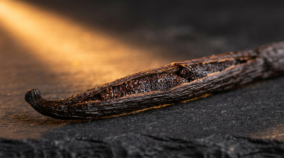 A split vanilla pod showing oily seed caviar