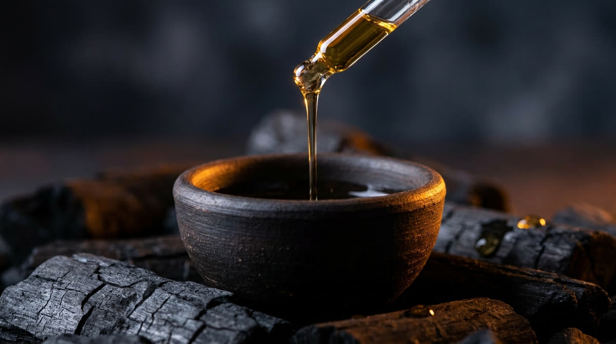 Golden argan oil pouring into a clay bowl