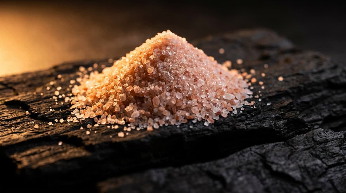 Coarse pink salt grains in a small cone