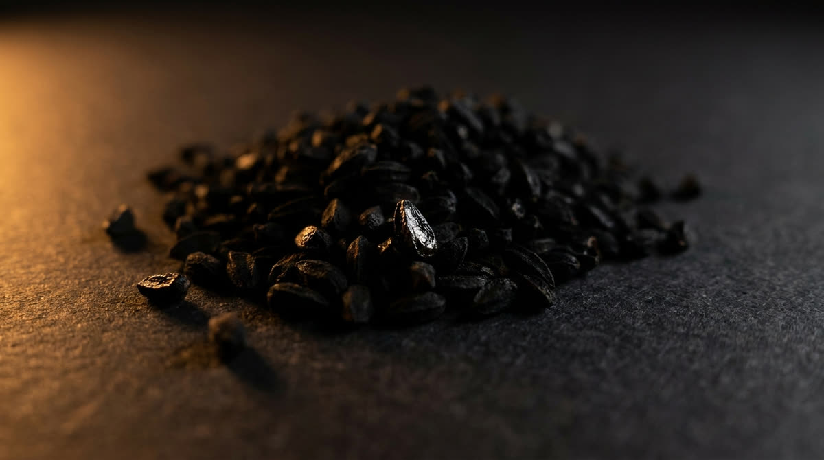 A pile of jet-black nigella sativa seeds
