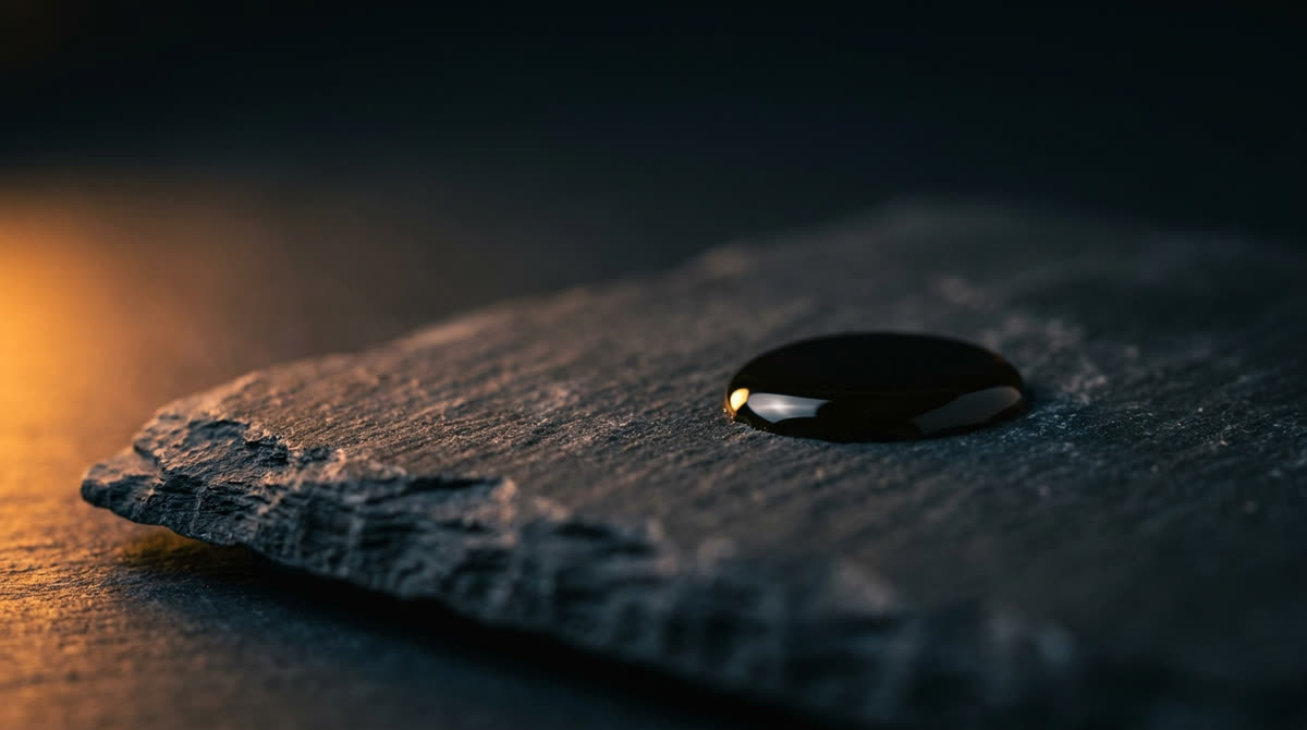 A droplet of black seed oil on dark slate